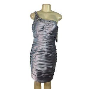 Adrianna Papell Women’s One-Shoulder Silver Ruched Satin Dress Size 8 - New